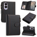 Classic black leather wallet case for Samsung Galaxy Z Fold 8 showcasing front cover stitching, camera cutouts, internal credit card slots, zipper pocket, and kickstand.