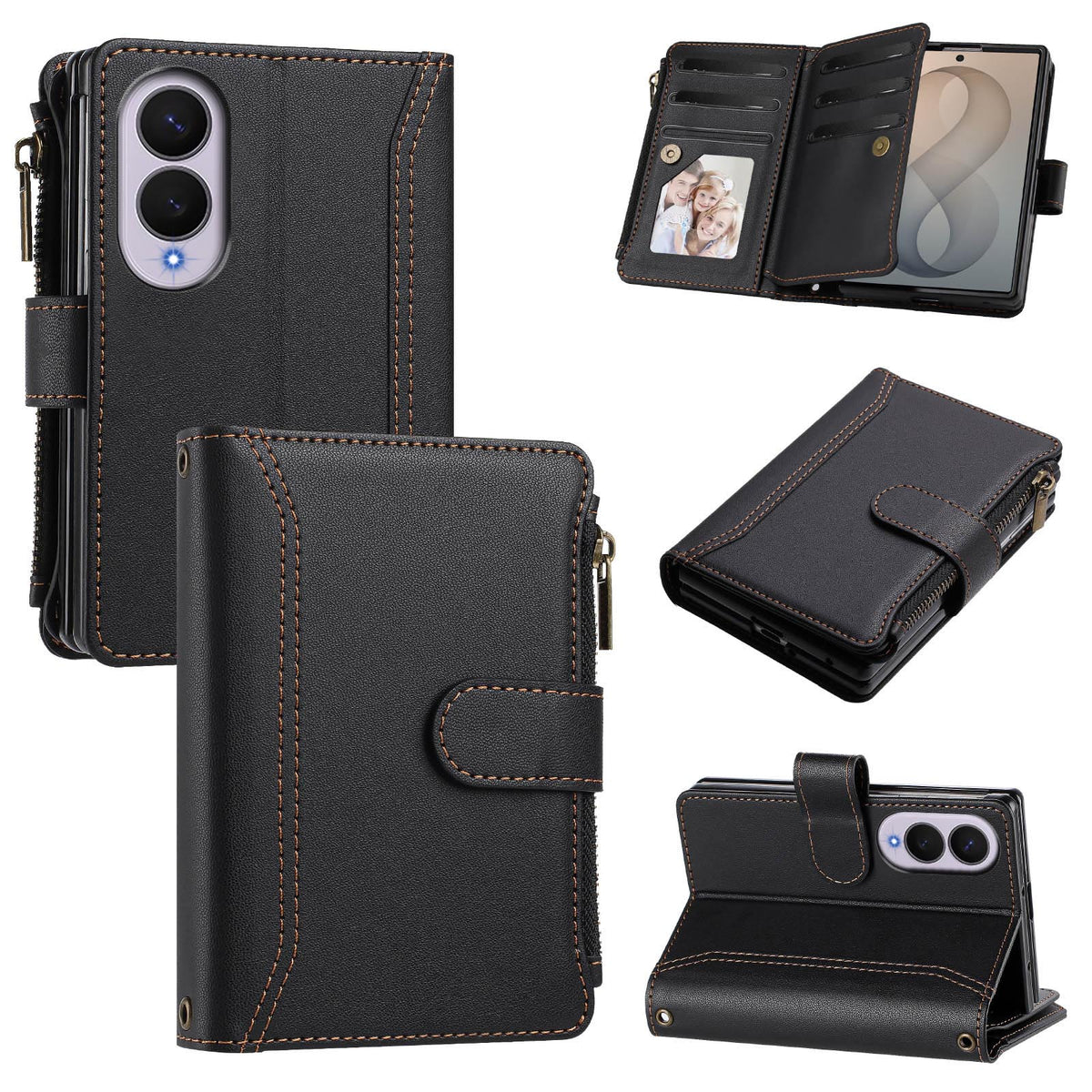 Classic black leather wallet case for Samsung Galaxy Z Fold 8 showcasing front cover stitching, camera cutouts, internal credit card slots, zipper pocket, and kickstand.