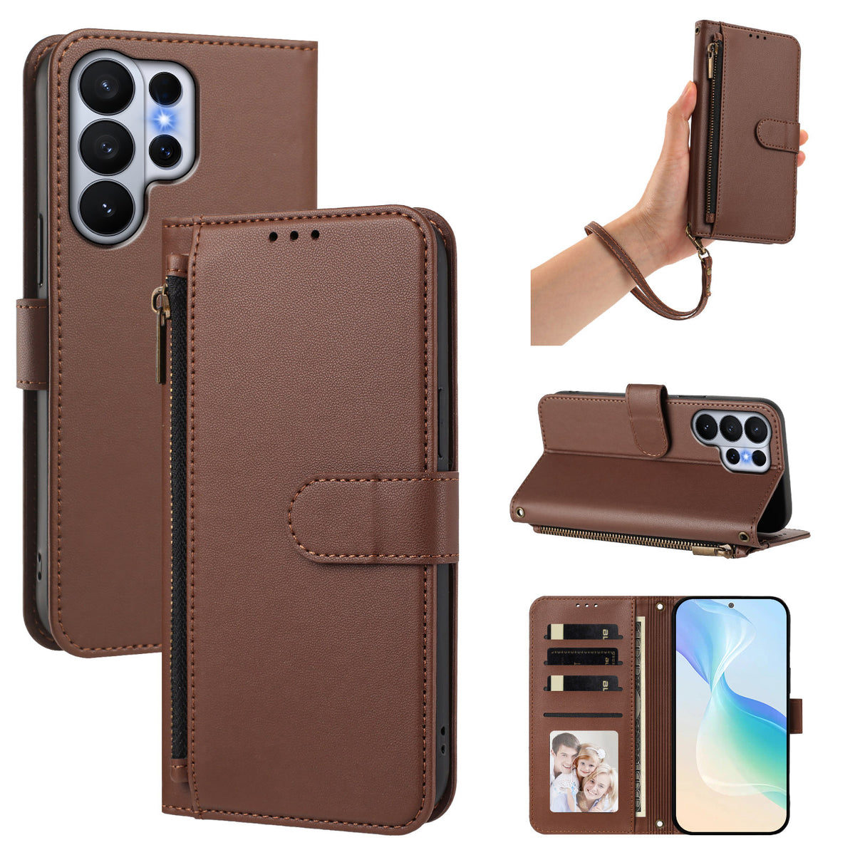 Classic brown leather wallet case for Samsung Galaxy Ultra shown from 5 angles including camera lens cutout, wristlet strap carry, horizontal kickstand mode, and interior wallet layout with card slots and photo window.