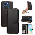 Classic black Motorola Moto G Power 5G leather phone cover set showing rear camera cutouts, wrist strap, desktop kickstand, and open card holder slots