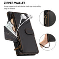 Classic black Motorola Moto G Power 5G leather wallet case detailing exterior zipper pocket holding coins, cash, cards, and wired earphones.