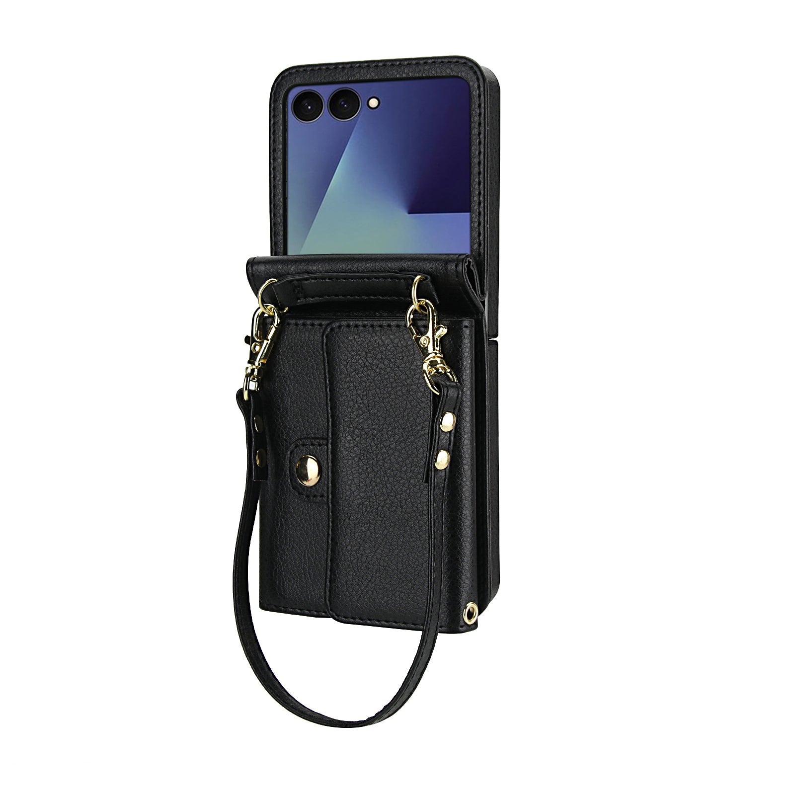 Classic black RFID blocking leather crossbody wallet case with wristlet strap and gold hardware for Samsung Galaxy Z Flip.
