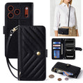 Classic black chevron-quilted leather crossbody phone wallet case with gold button closure, zipper coin pouch, card slots, and detachable wristlet strap.