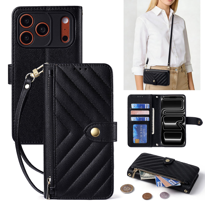 Classic black chevron-quilted leather crossbody phone wallet case with gold button closure, zipper coin pouch, card slots, and detachable wristlet strap.
