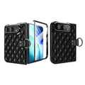 Classic black diamond-quilted leather case for iPhone DUO with electroplated black frame and ring holder strap