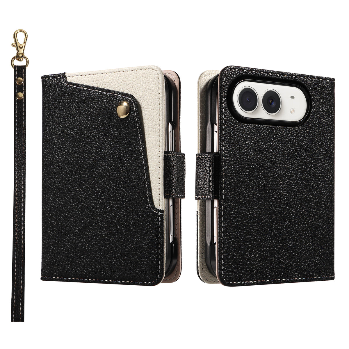 Classic black dual-tone leather wallet case for iPhone DUO displaying the front cover with a cream snap button pocket, precise camera cutout, and matching wrist strap.