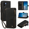 Classic black leather Samsung Galaxy A series crossbody wallet cover with zipper cash compartment and card holder