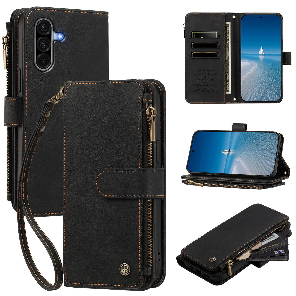 Classic black leather Samsung Galaxy A series crossbody wallet cover with zipper cash compartment and card holder