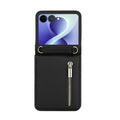 Classic black leather Samsung Galaxy Z Flip crossbody zipper wallet phone case with gold metal accents.⁠