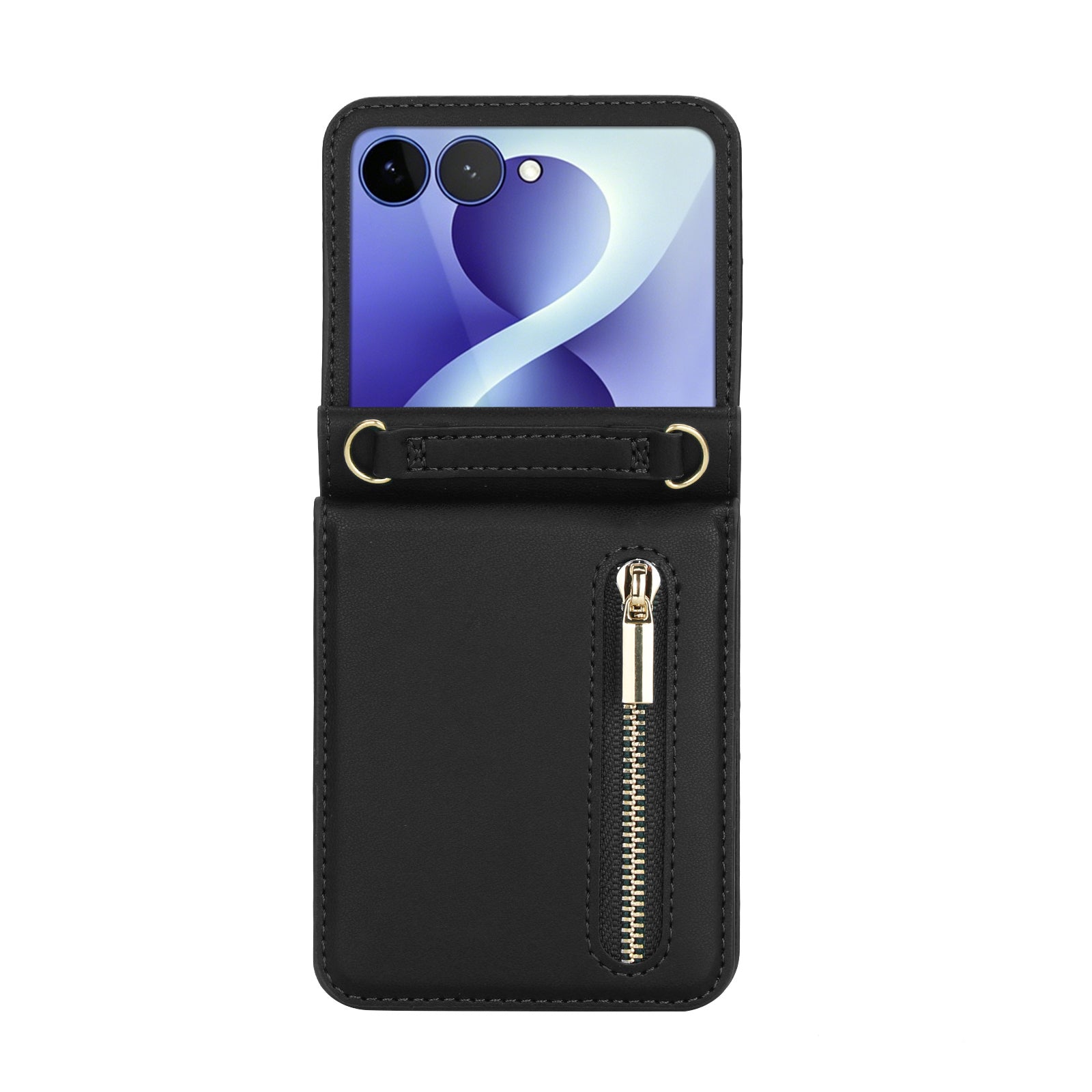 Classic black leather Samsung Galaxy Z Flip crossbody zipper wallet phone case with gold metal accents.⁠