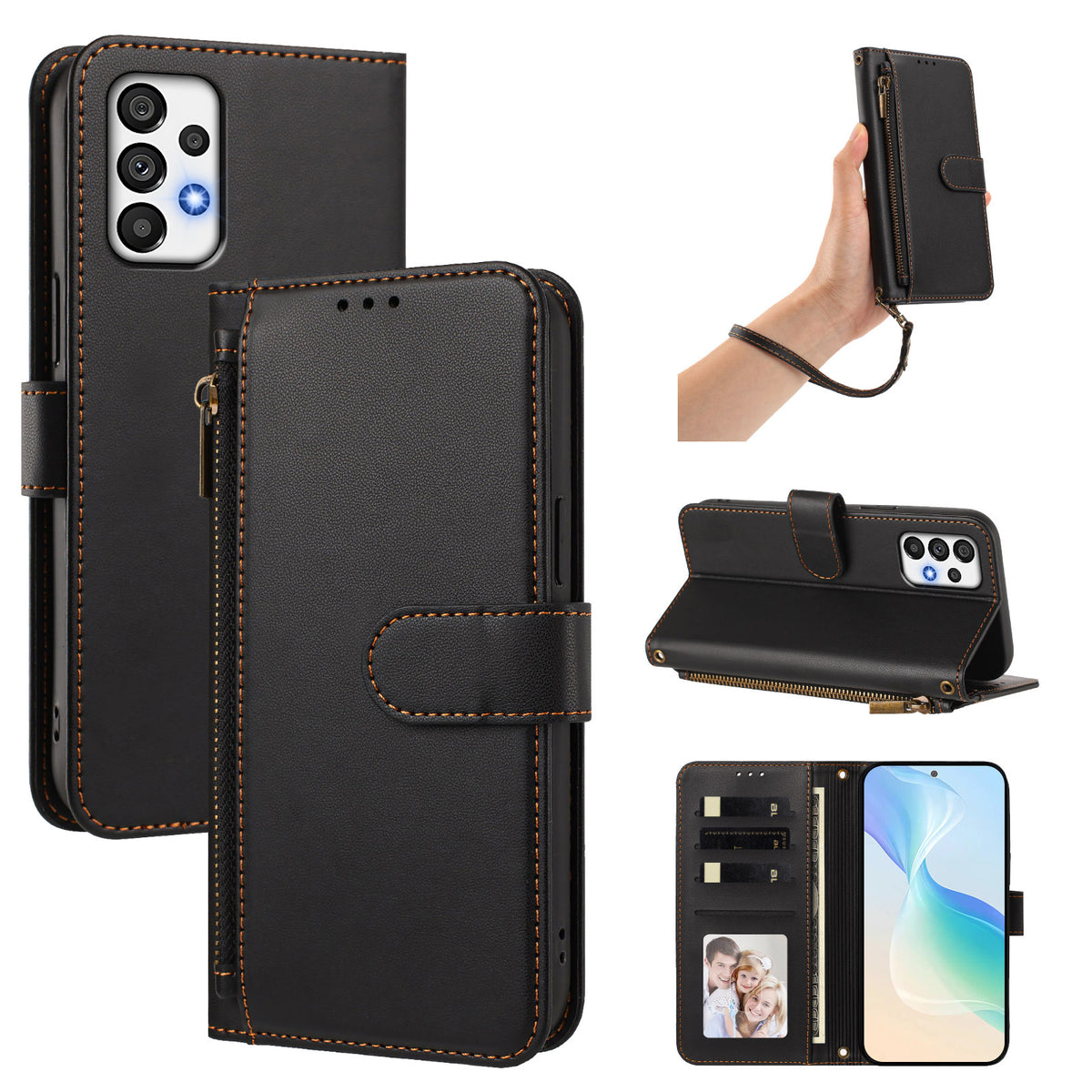 Classic black leather wallet case for Samsung Galaxy A73 A72 A71 displayed from 5 angles including camera lens cutout, wristlet strap carry, horizontal kickstand mode, and interior wallet layout with 4 card slots, cash pocket, and photo window.