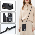 Classic black leather crossbody wallet phone case for Samsung Galaxy worn by model showing kickstand view, interior card slots, and strap adjustment
