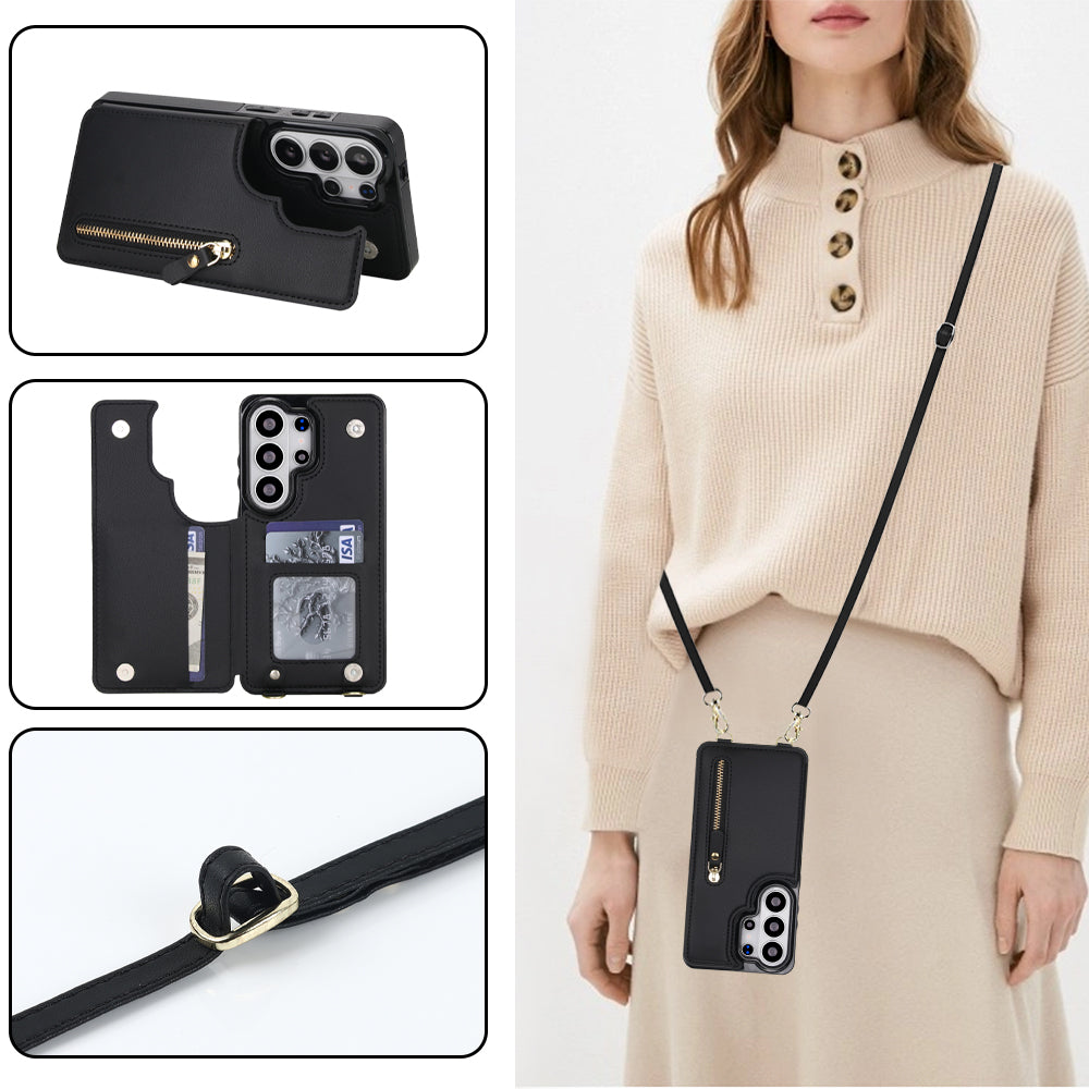 Classic black leather crossbody wallet phone case for Samsung Galaxy worn by model showing kickstand view, interior card slots, and strap adjustment