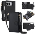 Classic black leather detachable crossbody wallet case for iPhone DUO displaying card storage organization, magnetic mount back cover, and zipper coin pouch.