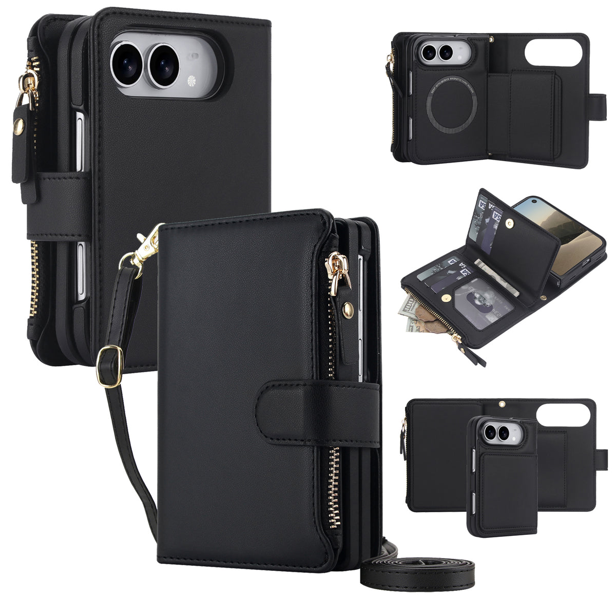 Classic black leather detachable crossbody wallet case for iPhone DUO displaying card storage organization, magnetic mount back cover, and zipper coin pouch.