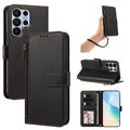 Classic black leather wallet case for Samsung Galaxy Ultra shown from 5 angles including camera lens cutout, wristlet strap carry, horizontal kickstand mode, and interior wallet layout with card slots and photo window.