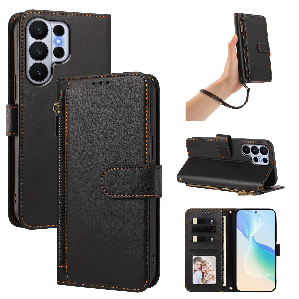 Classic black leather wallet case for Samsung Galaxy Ultra shown from 5 angles including camera lens cutout, wristlet strap carry, horizontal kickstand mode, and interior wallet layout with card slots and photo window.