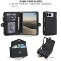 Classic black leather wallet case for iPhone DUO displaying detailed layout callouts for 3 card slots, 1 cash bill slot, 1 zipper purse, 1 front snap pocket, and open device view.