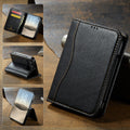 Classic black leather wallet case for iPhone DUO displaying open interior layout, horizontal kickstand position, and closed folio design.