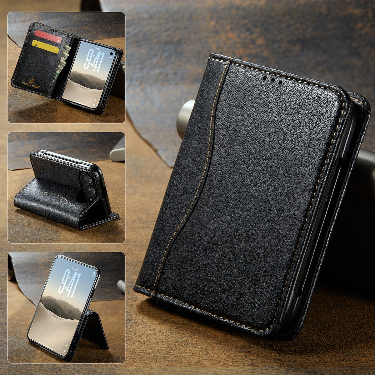 Classic black leather wallet case for iPhone DUO displaying open interior layout, horizontal kickstand position, and closed folio design.