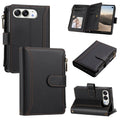Classic black leather wallet case for iPhone DUO showcasing front cover stitching, camera cutouts, internal credit card slots, zipper pocket, and kickstand support.