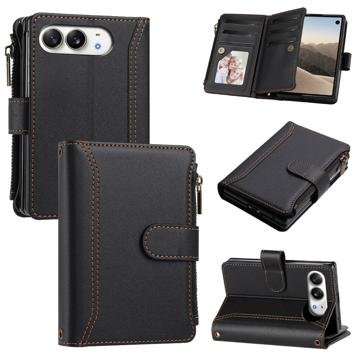 Classic black leather wallet case for iPhone DUO showcasing front cover stitching, camera cutouts, internal credit card slots, zipper pocket, and kickstand support.