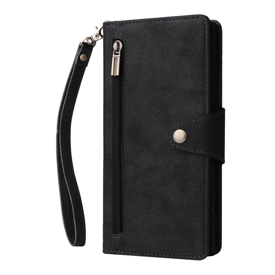 Multi-view feature breakdown showing navy blue leather wallet case open, closed, with kickstand, and color variants.