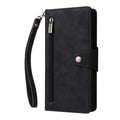 Classic black leather wallet phone case with outer zip pouch and detachable wrist strap.