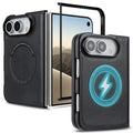 Classic black magnetic leather case for iPhone DUO shown open and folded alongside wireless charging pass-through demonstration.