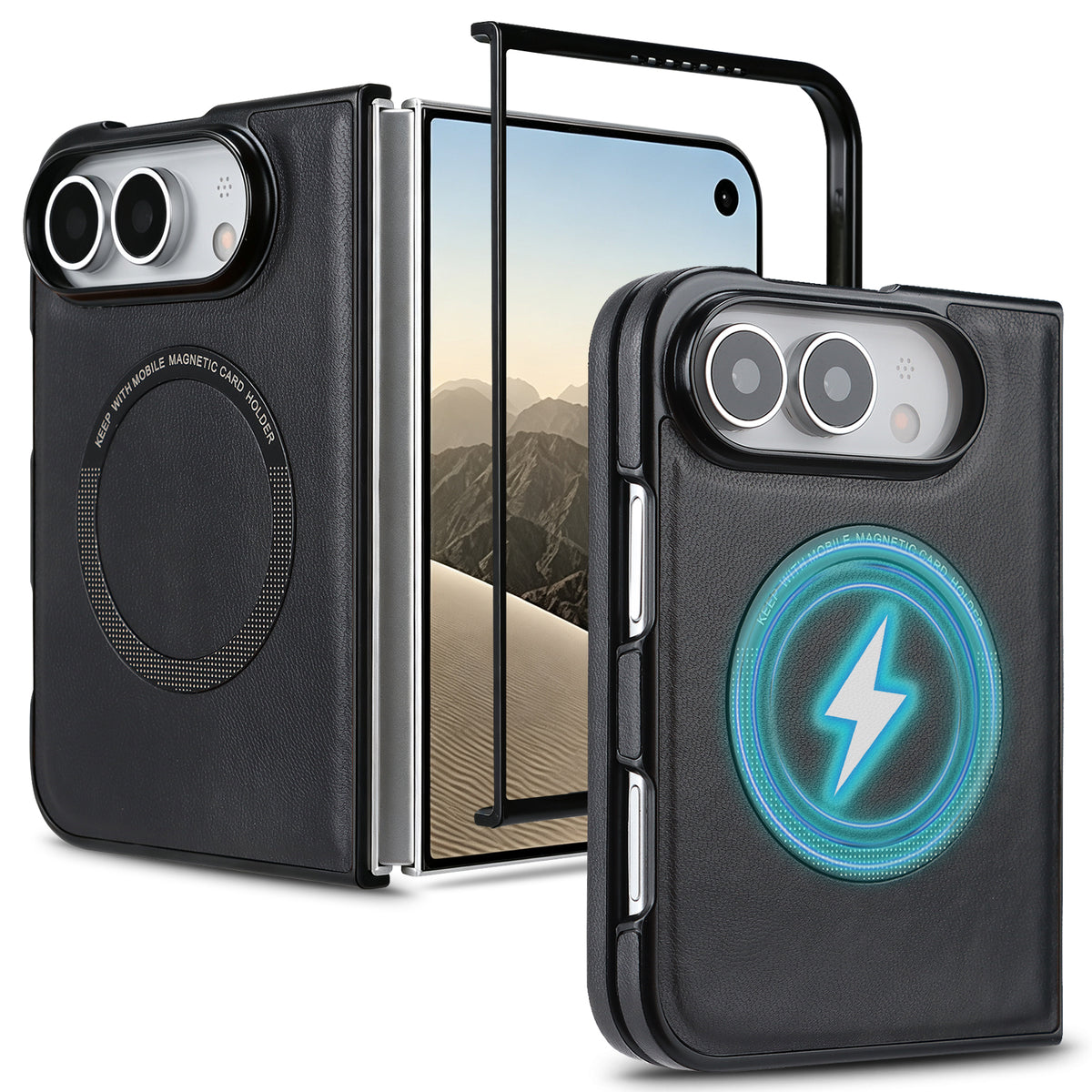 Classic black magnetic leather case for iPhone DUO shown open and folded alongside wireless charging pass-through demonstration.