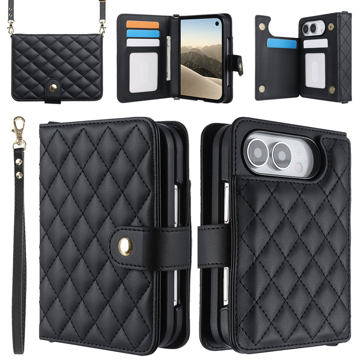 Classic black quilted diamond leather case for iPhone DUO, featuring a main wallet view with wristlet lanyard, open folio layout with card slots, rear camera cutout, and crossbody bag mode.