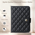 Classic black quilted diamond pattern leather wallet case for iPhone DUO with feature callouts highlighting grip-friendly, pocket-friendly, fingerprint-proof, and anti-scratch design.
