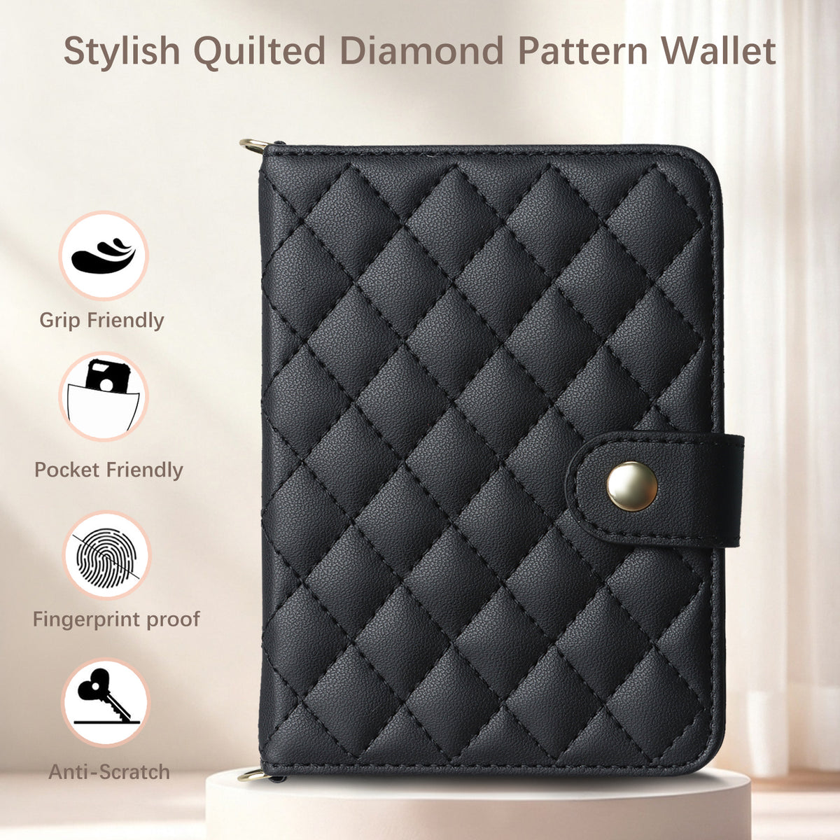 Classic black quilted diamond pattern leather wallet case for iPhone DUO with feature callouts highlighting grip-friendly, pocket-friendly, fingerprint-proof, and anti-scratch design.