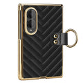 Classic black quilted leather Samsung Galaxy Z Fold 8 case with electroplated gold trim and finger ring buckle