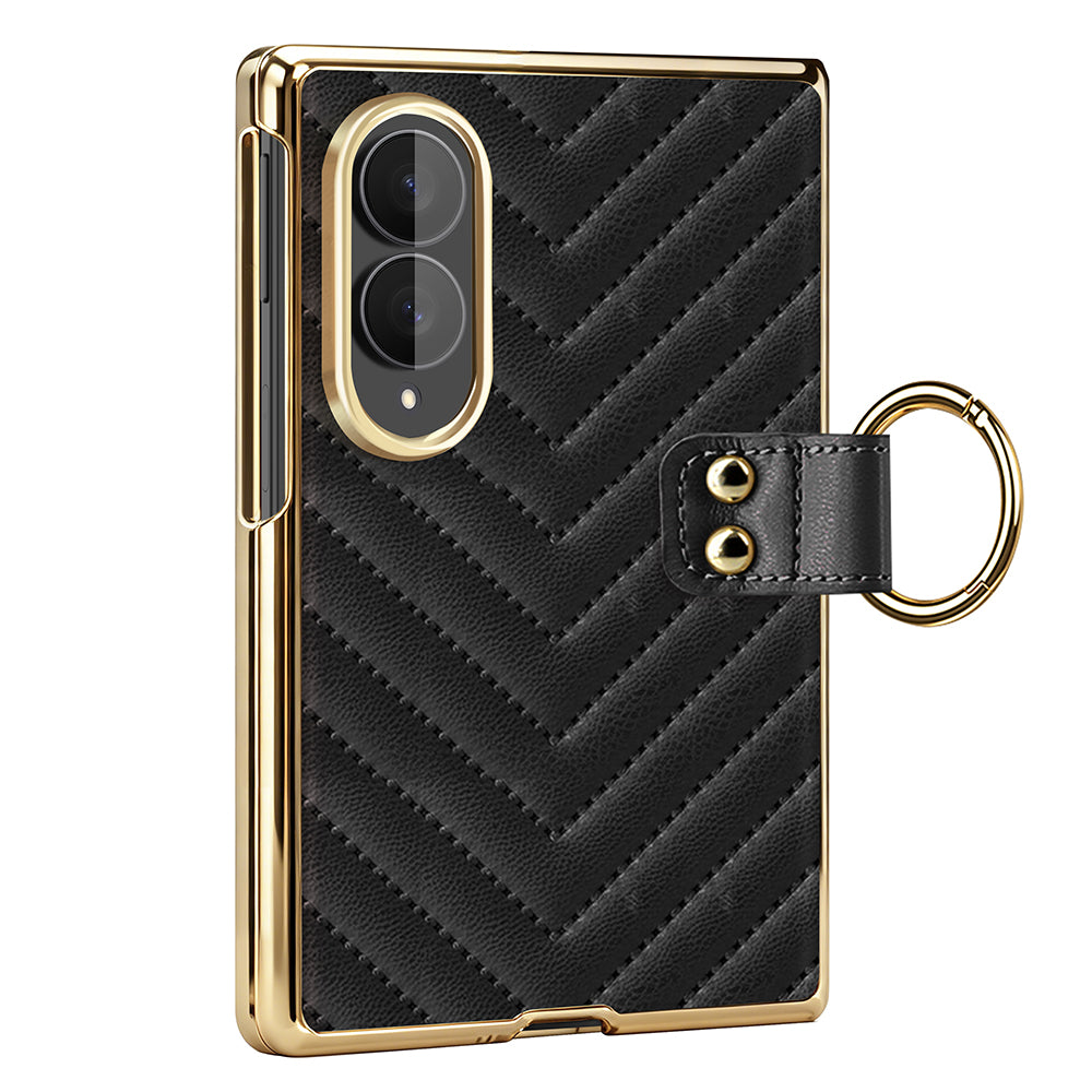 Classic black quilted leather Samsung Galaxy Z Fold 8 case with electroplated gold trim and finger ring buckle