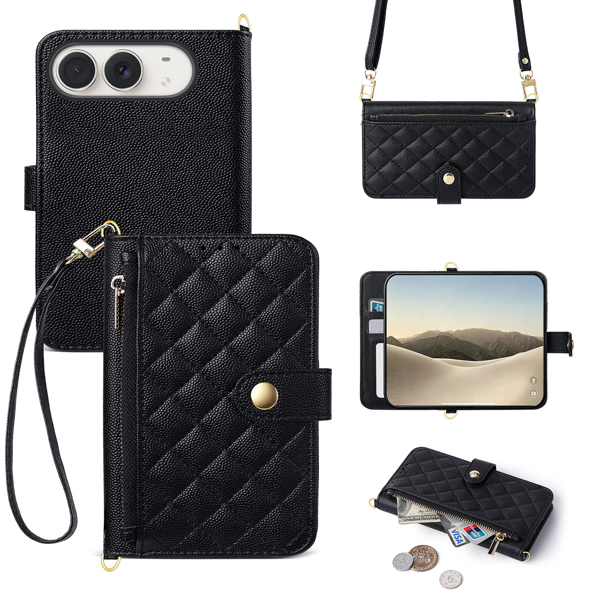 Classic black quilted leather crossbody case for iPhone DUO with zipper coin pocket and wrist strap