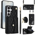 Classic black quilted leather crossbody phone wallet case for Samsung Galaxy with detachable lanyard wrist strap and expandable card holder