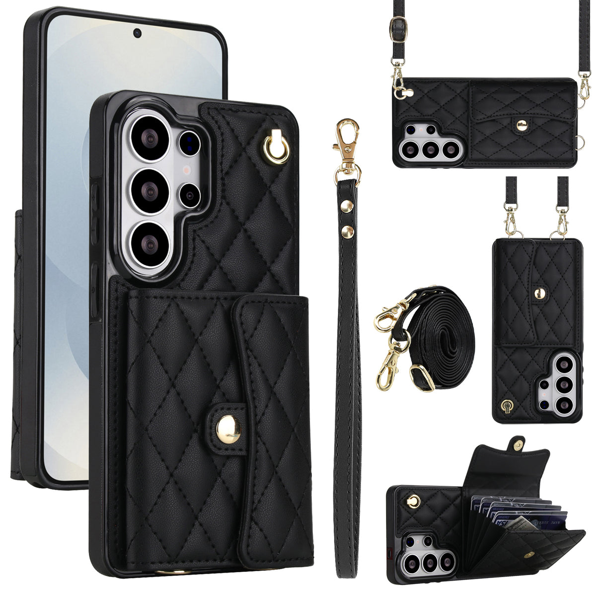 Classic black quilted leather crossbody phone wallet case for Samsung Galaxy with detachable lanyard wrist strap and expandable card holder