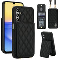 Classic black quilted leather crossbody wallet case for Samsung Galaxy A-Series displaying full composite views, including rear snap card slots, photo ID window, detachable shoulder lanyard, and vertical kickstand mode.