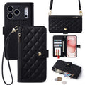 Classic black quilted leather phone case displaying the camera cutout, detachable lanyard, zipper pouch, and card slots.