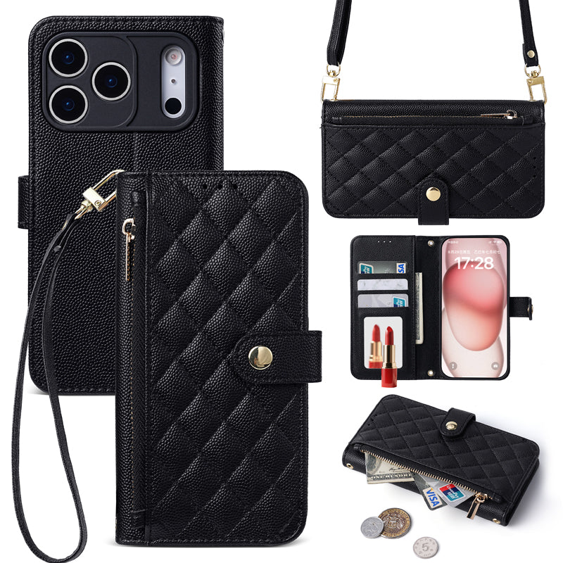 Classic black quilted leather phone case displaying the camera cutout, detachable lanyard, zipper pouch, and card slots.