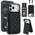 Classic black quilted leather phone wallet case showing open snap closure with credit card slots, detachable strap hooks, and video viewing stand.