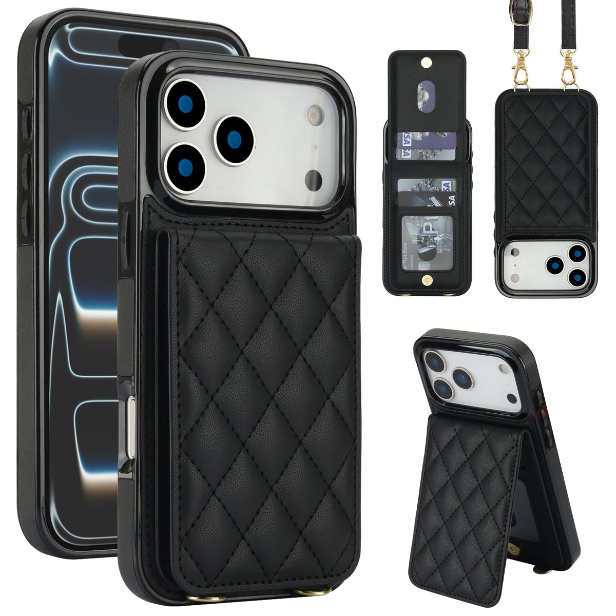 Classic black quilted leather phone wallet case showing open snap closure with credit card slots, detachable strap hooks, and video viewing stand.