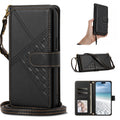 Classic black woven leather crossbody wallet case for iPhone displaying full composite views, including front magnetic flap, hand wristlet wear, shoulder strap wear, interior card slots, photo ID window, and cash pocket.