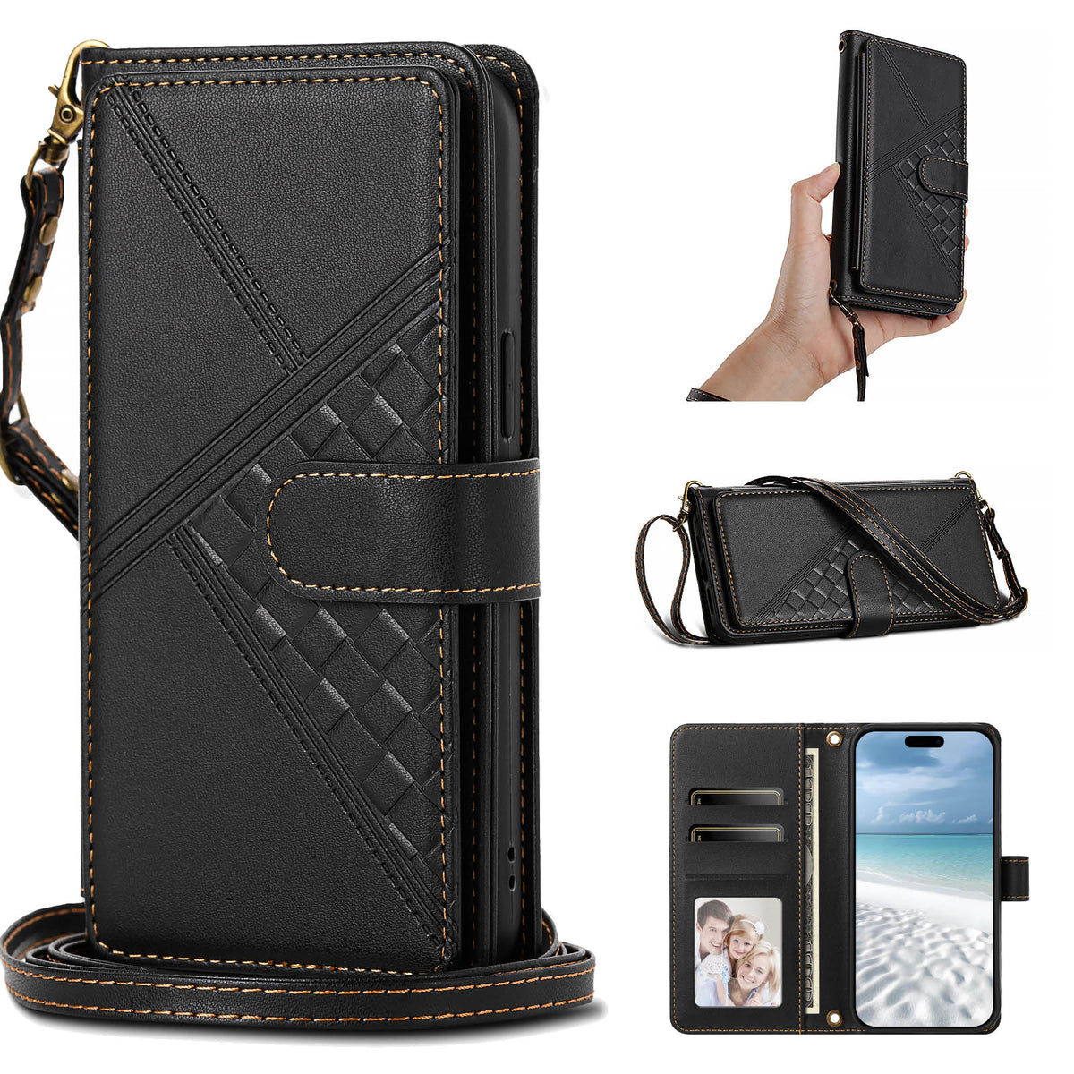 Classic black woven leather crossbody wallet case for iPhone displaying full composite views, including front magnetic flap, hand wristlet wear, shoulder strap wear, interior card slots, photo ID window, and cash pocket.