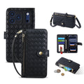 Classic black woven leather iPhone wallet case showing full view of camera cutout, card holder layout, and zipper coin purse.
