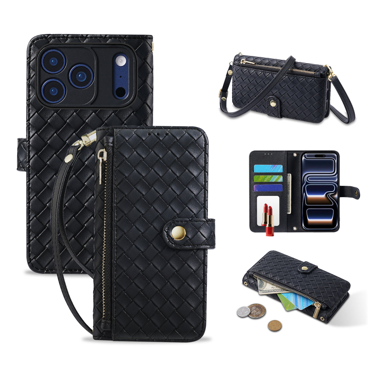 Classic black woven leather iPhone wallet case showing full view of camera cutout, card holder layout, and zipper coin purse.