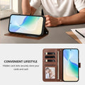 Classic brown leather folio case for Samsung Galaxy displaying landscape kickstand mode on a desk and interior storage layout with card slots, cash pocket, and photo window.