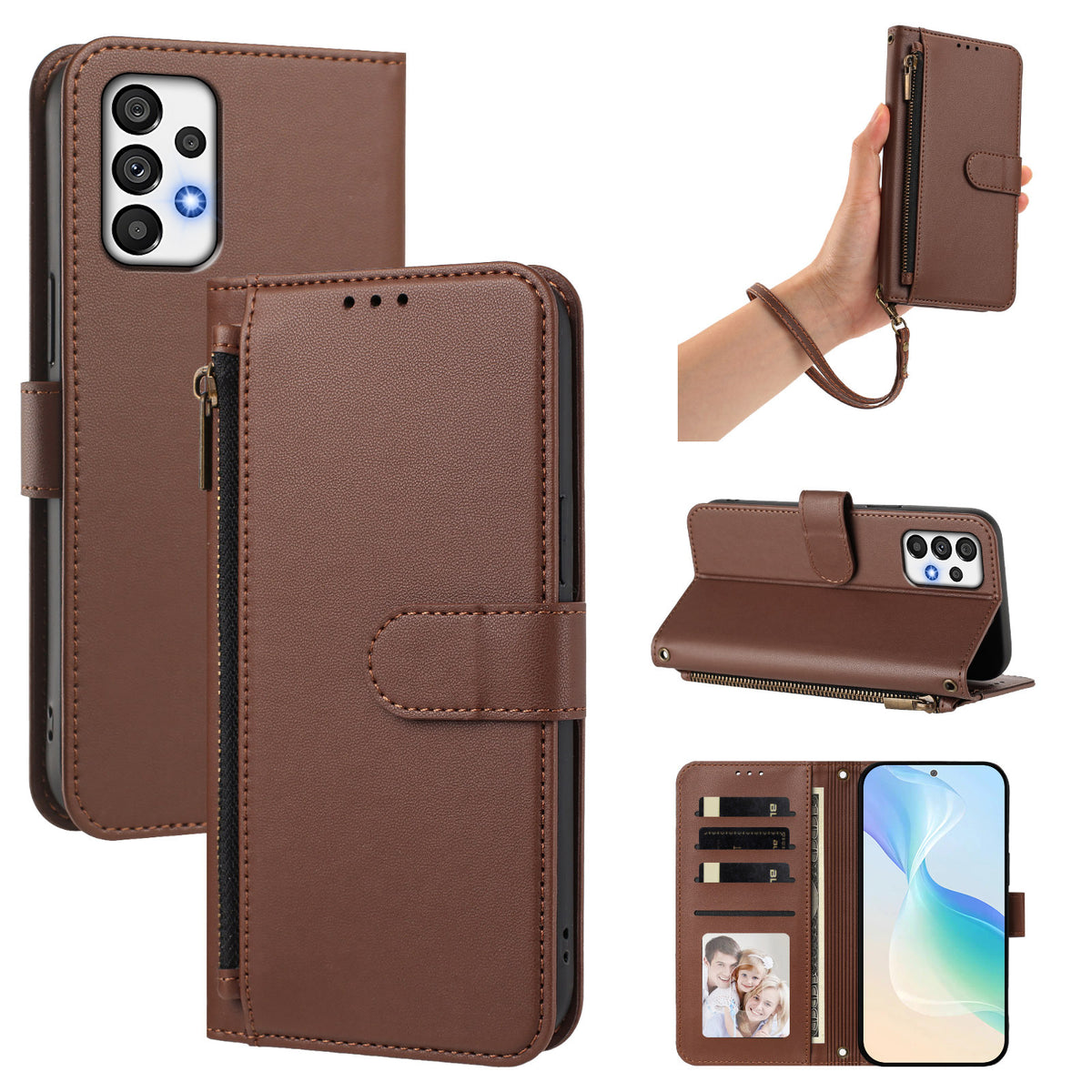 Classic brown leather wallet case for Samsung Galaxy A73 A72 A71 displayed from 5 angles including camera lens cutout, wristlet strap carry, horizontal kickstand mode, and interior wallet layout with 4 card slots, cash pocket, and photo window.