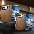 Classic tan brown crocodile leather dual-hinge case for Apple iPhone DUO displayed open and folded.